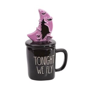 Rae Dunn Ceramic Mug W/ Lid Halloween Witch on Broom NEW